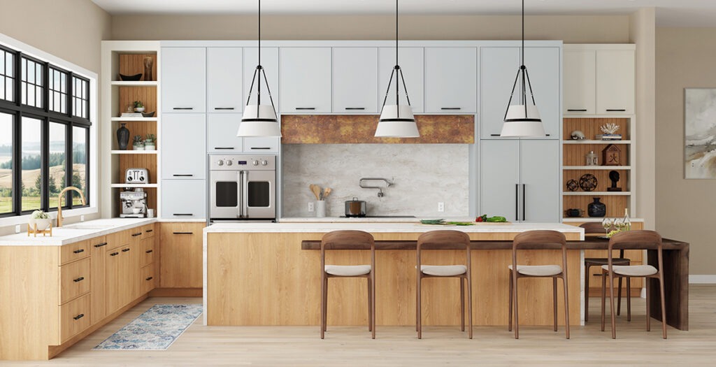 Hybrid kitchen with European frameless cabinets and Shaker-style doors in matte taupe and oak veneer