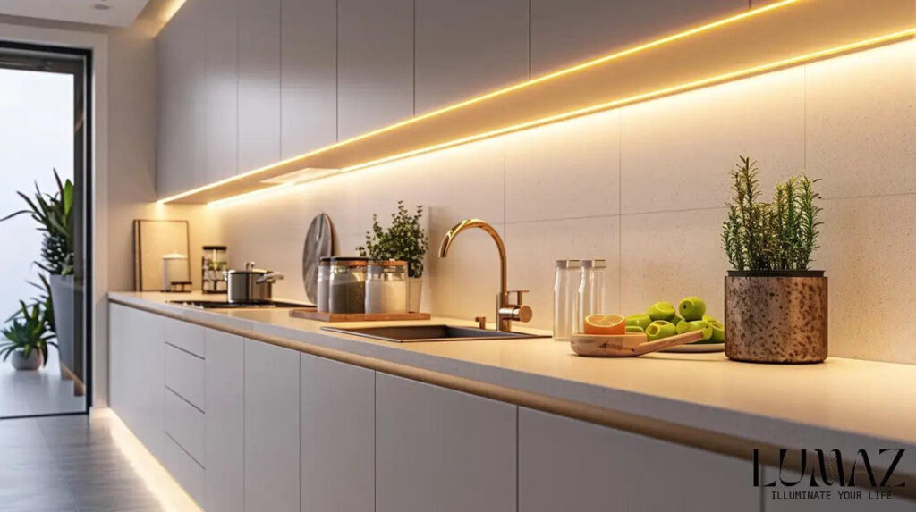 Modern kitchen with LED strip under cabinets (alt: Italian kitchen cabinet with integrated LED lighting)