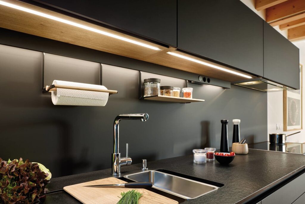 Modern kitchen cabinets with built-in LED task and ambient lighting