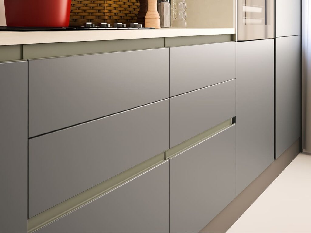 Modern handleless kitchen cabinets with push-to-open hardware and clean lines