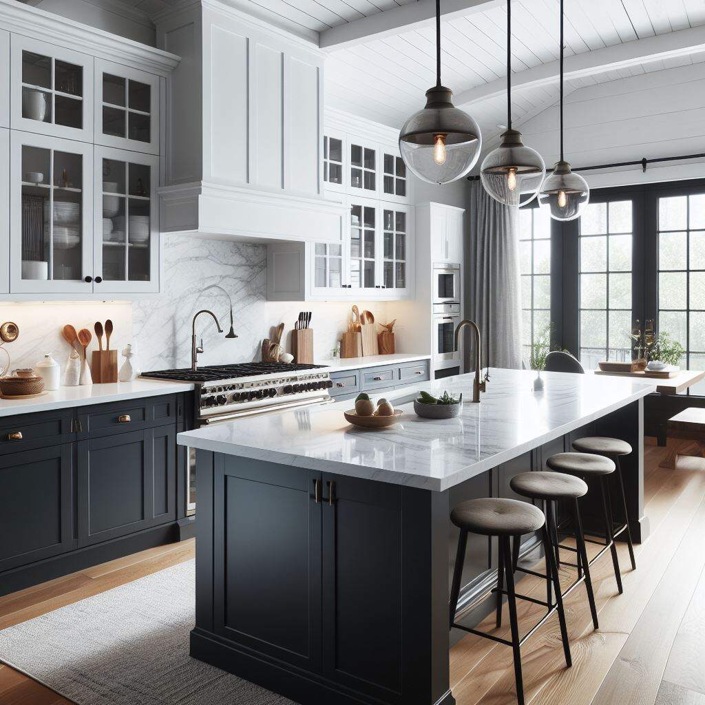 Soft-black modern kitchen cabinets paired with white quartz countertop