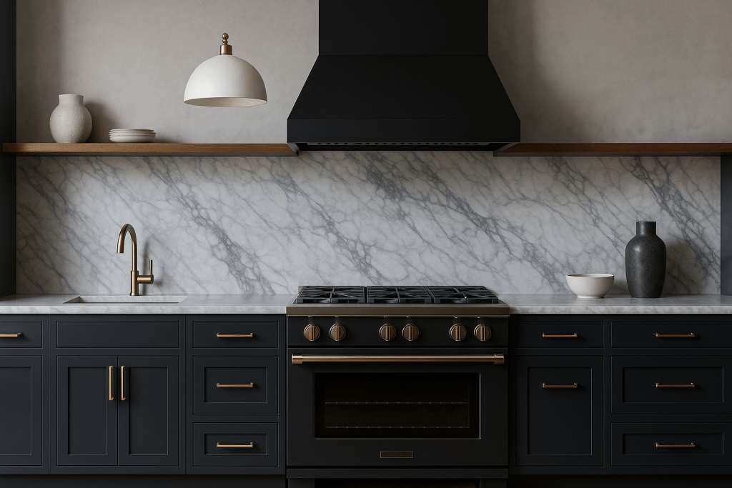 Elegant navy and graphite kitchen cabinets with light marble countertops and gold linear handles