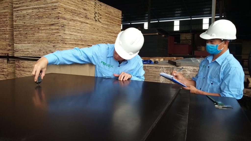 Contractor checking plywood kitchen cabinet manufacturing quality
