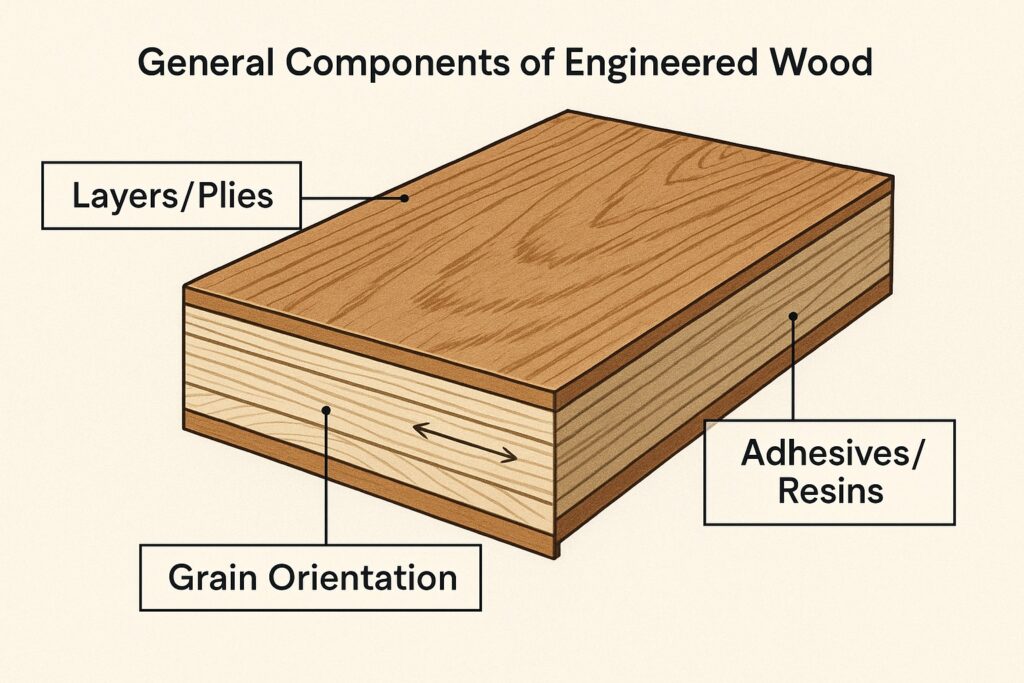 Layers of engineered plywood board under pressure
