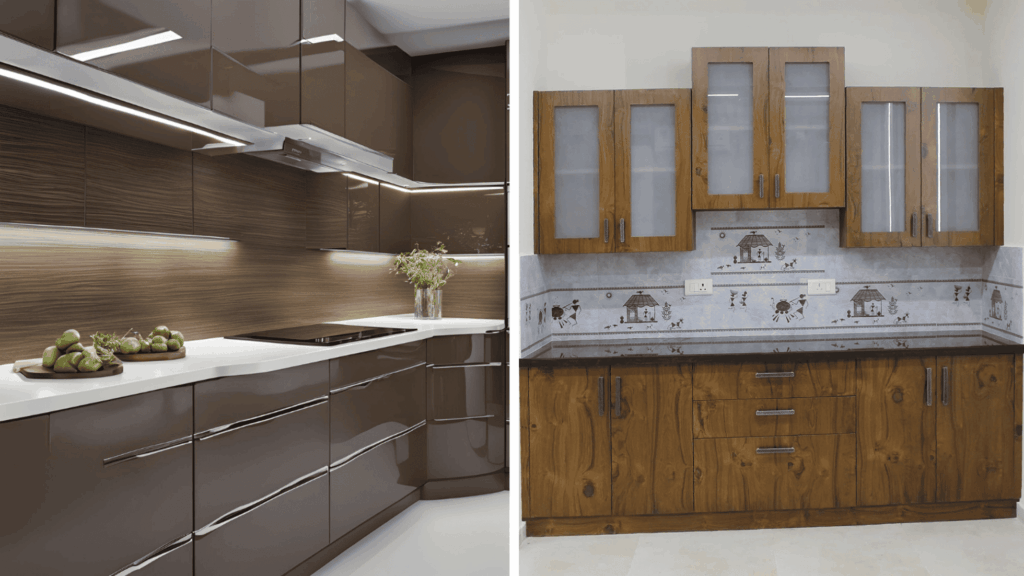 Veneer and acrylic finishes applied to modular kitchen cabinets for premium design and durability