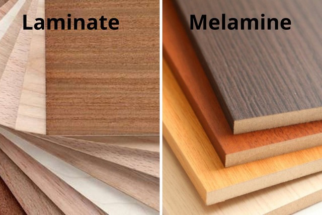 Melamine and laminate finishes used on modular kitchen cabinet surfaces for durability and easy maintenance