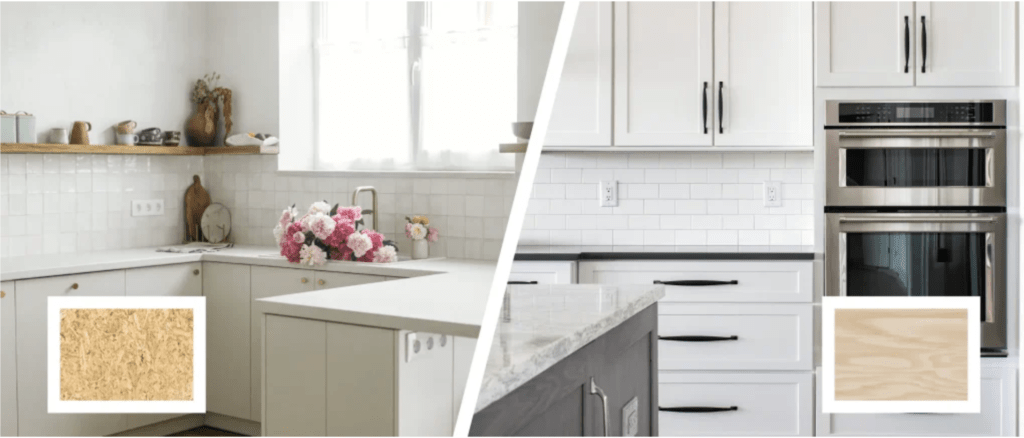 Modular kitchen cabinet structure showing MDF and plywood core materials used for durability and stability