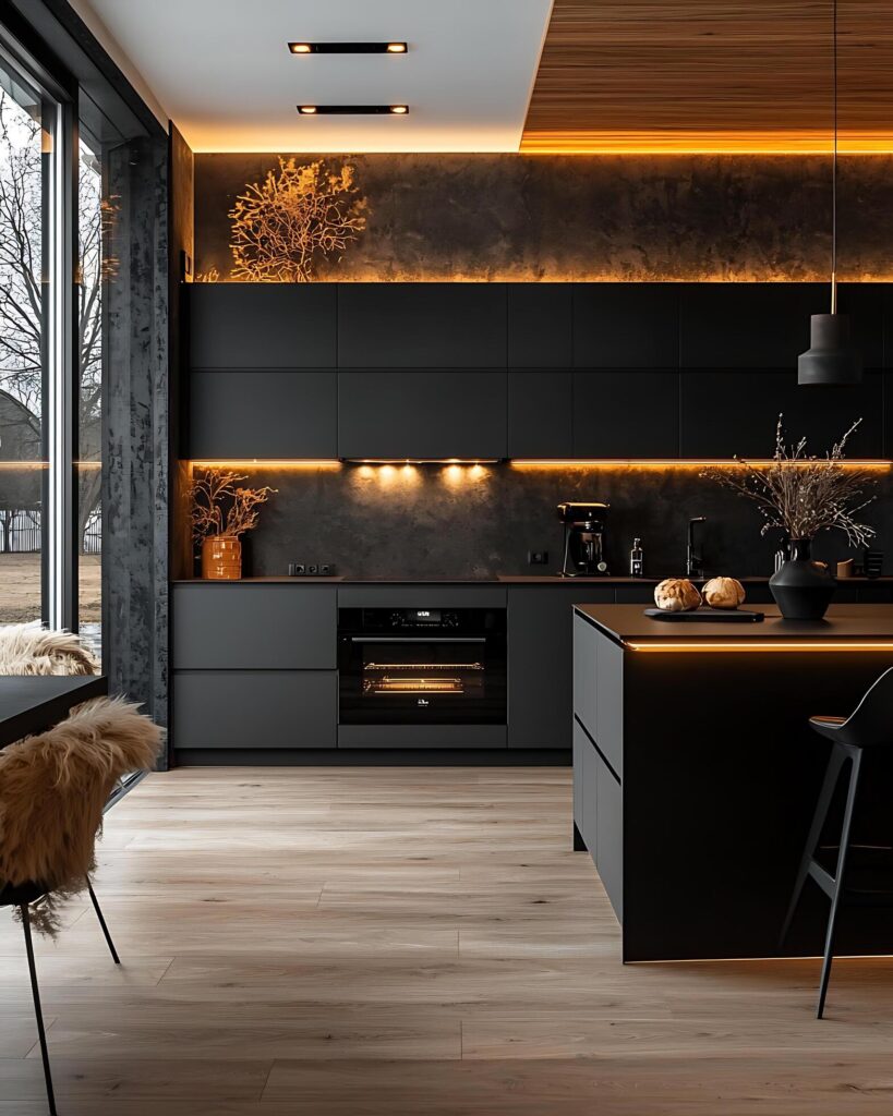 Matte black kitchen cabinets with warm ambient lighting