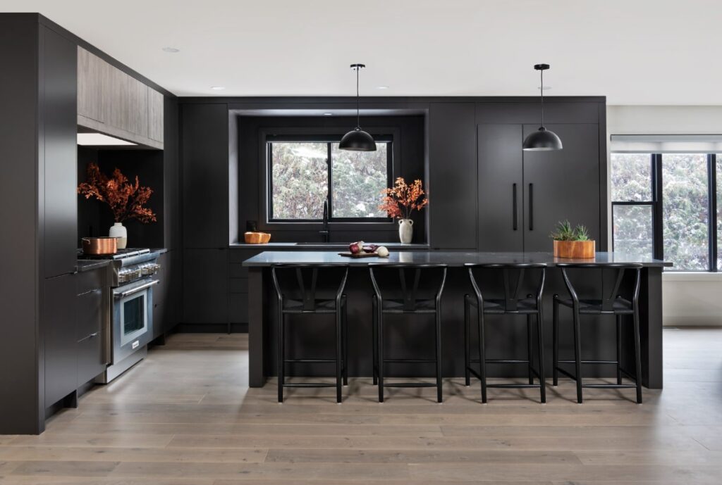 Matte black kitchen cabinets with soft-touch surface