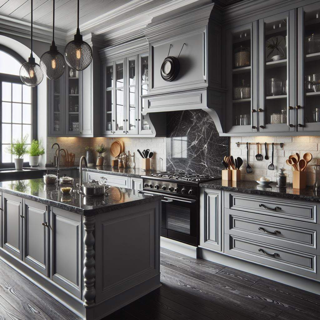 Black and gray kitchen cabinets with layered tones