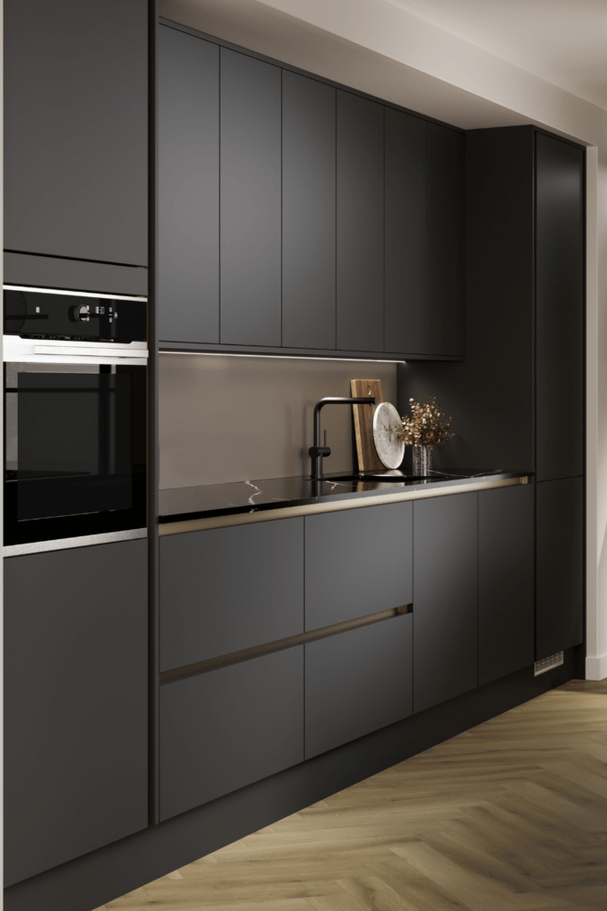 Handleless black kitchen cabinets in contemporary home