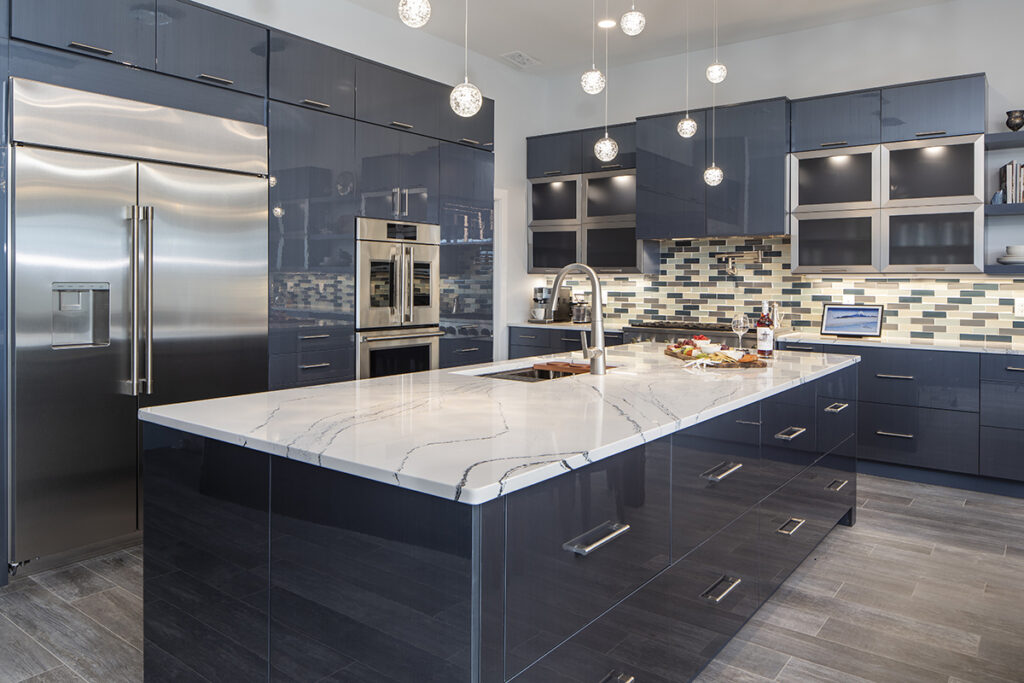 Close-up of acrylic kitchen cabinet finish showing high gloss and durable coating