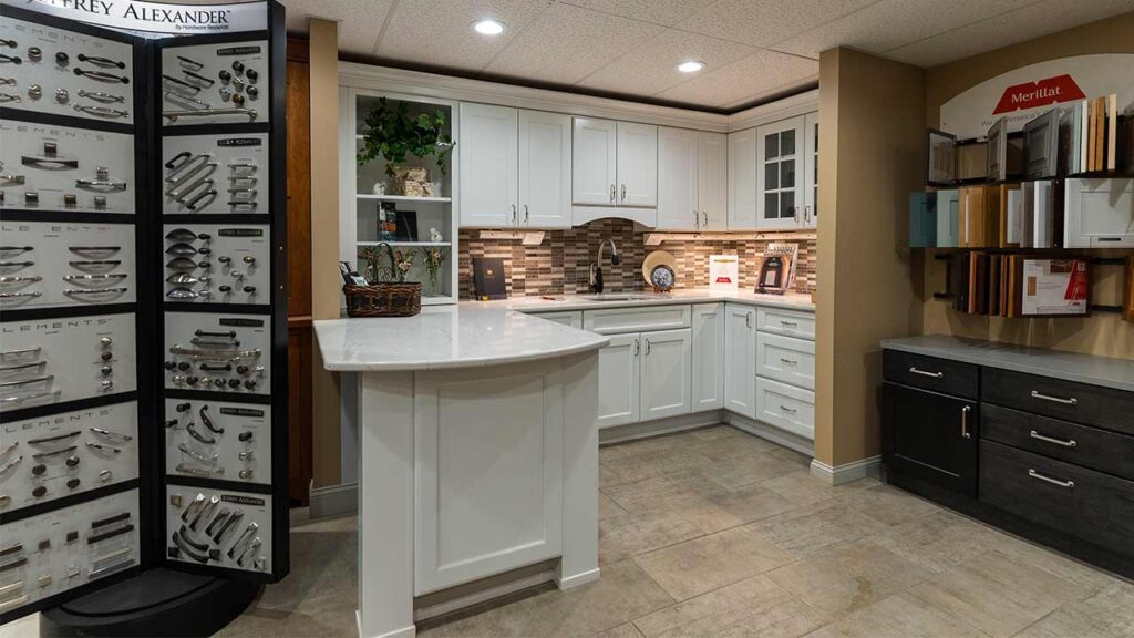 North American kitchen cabinet inventory displayed in a large retail showroom