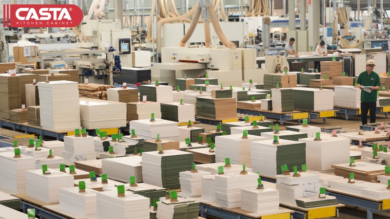 Modern CNC and edge-banding machinery operating inside Casta’s high-capacity Vietnam factory