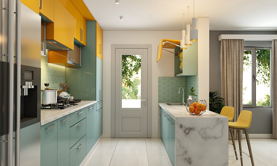 Accent-colored modular kitchen cabinets used for visual contrast and modern design appeal