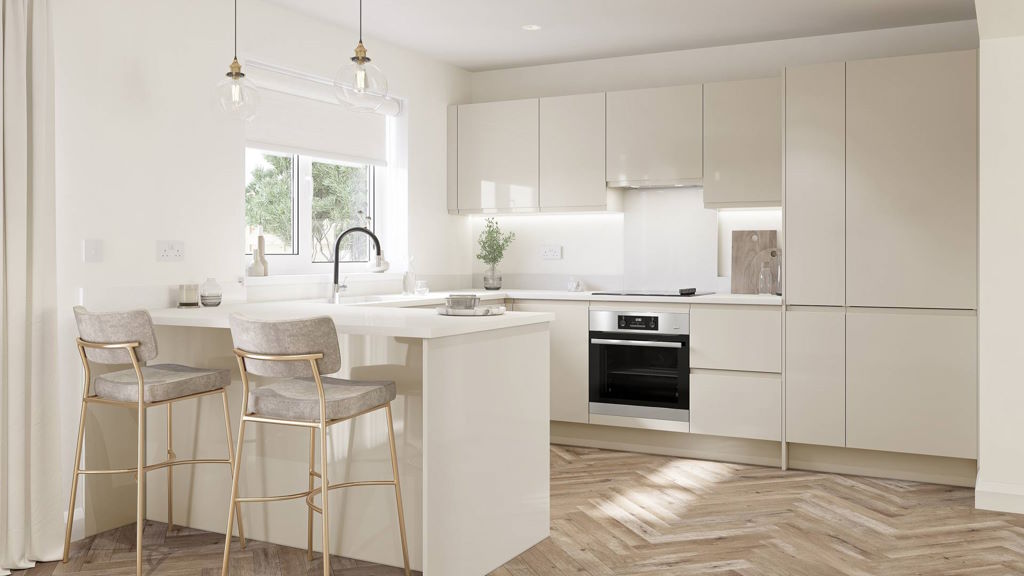 Handleless white kitchen cabinets in contemporary home