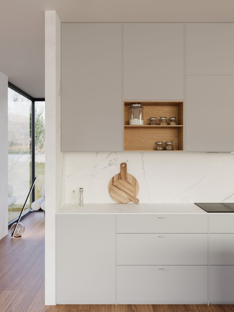 Matte white kitchen cabinets with minimalist design