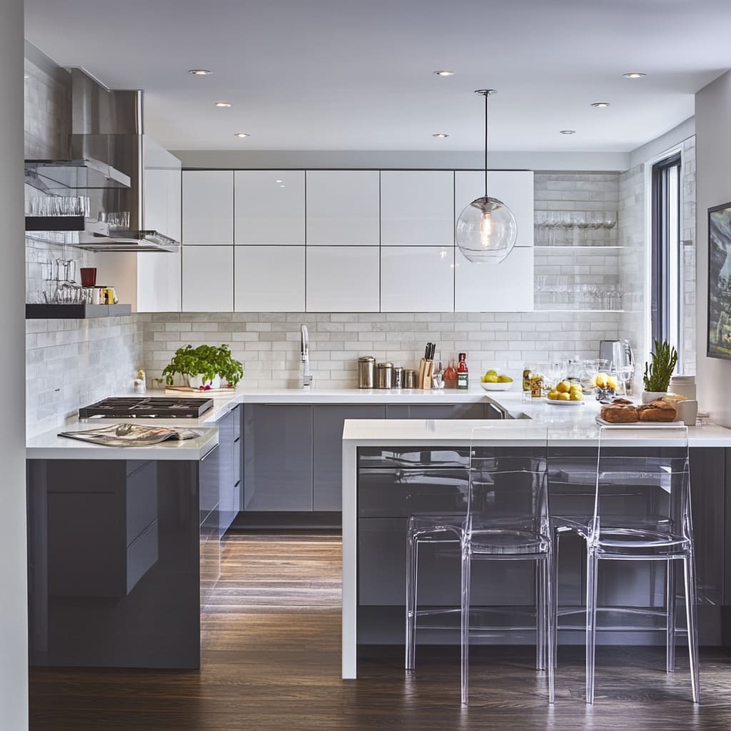 Grey and white kitchen cabinets in modern apartment