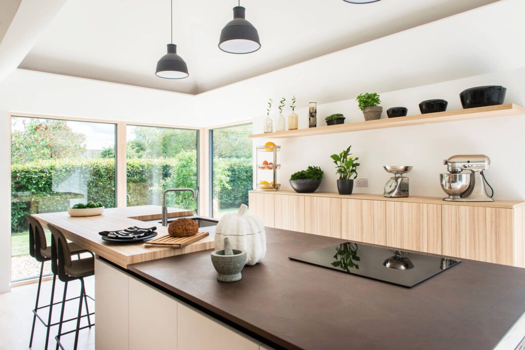 Engineered wood panel with recycled content used in eco friendly kitchen cabinets