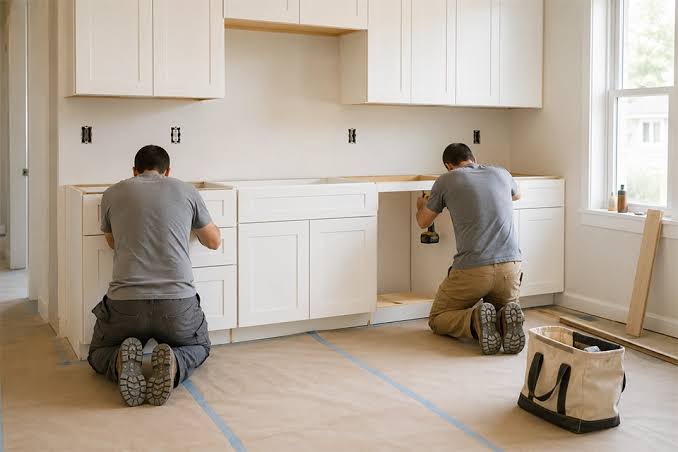 Contractor measuring semi-custom cabinet installation