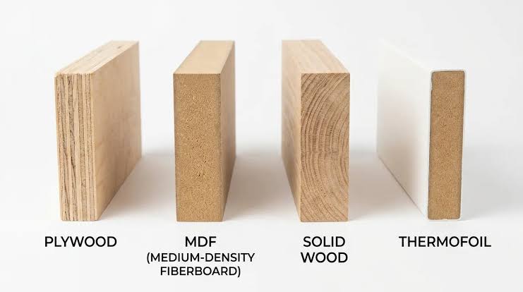 Close-up of cabinet material samples: plywood, MDF, and solid wood