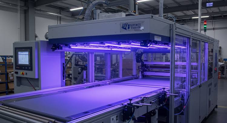 UV curing line applying ultraviolet light to cabinet panels