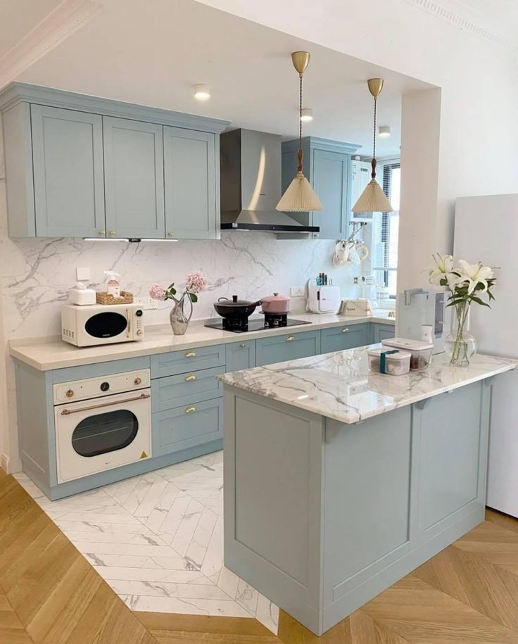 Custom narrow-depth galley kitchen cabinets configuration