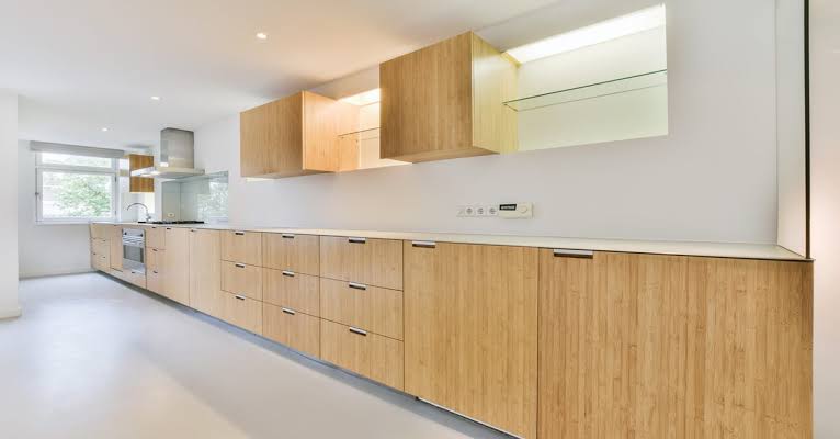 Marine-grade plywood and bamboo material samples for galley kitchen cabinets