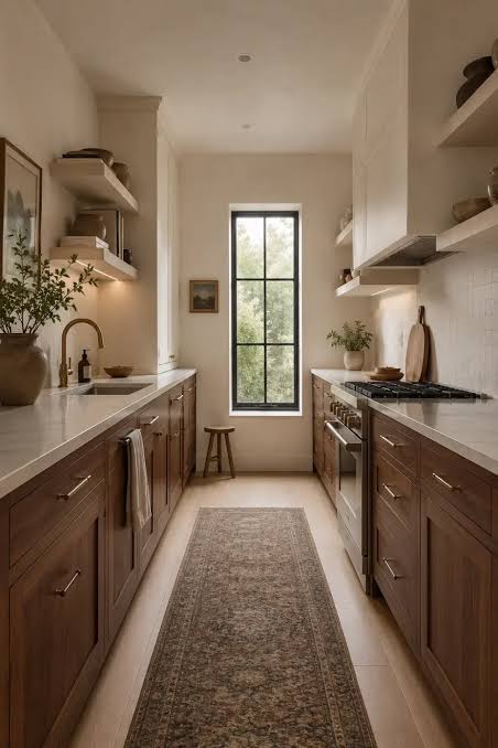 Two-tone galley kitchen cabinets paired with open shelving on one wall