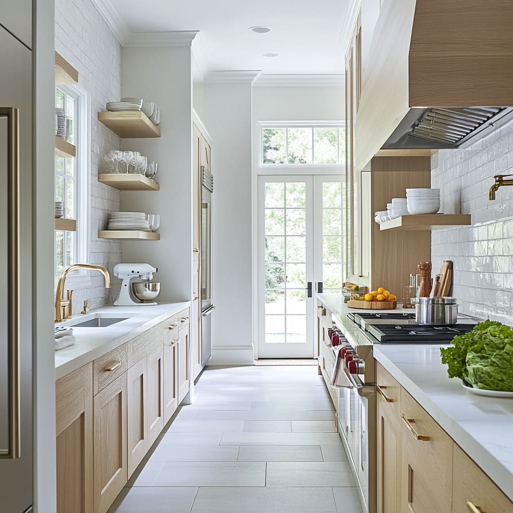 Vertical storage design in galley kitchen cabinets for a compact layout
