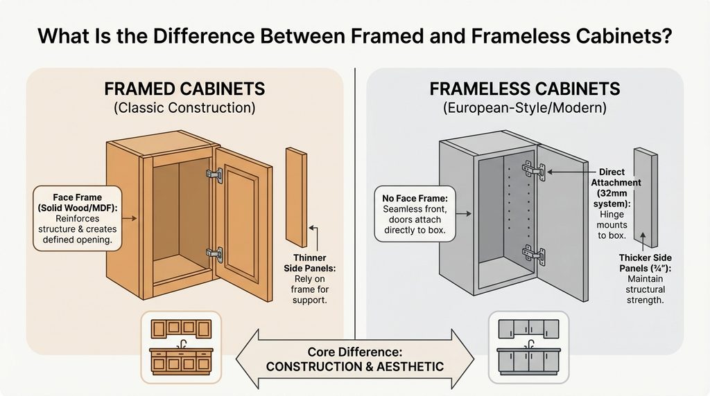 Comparison of framed and frameless kitchen cabinet construction methods
