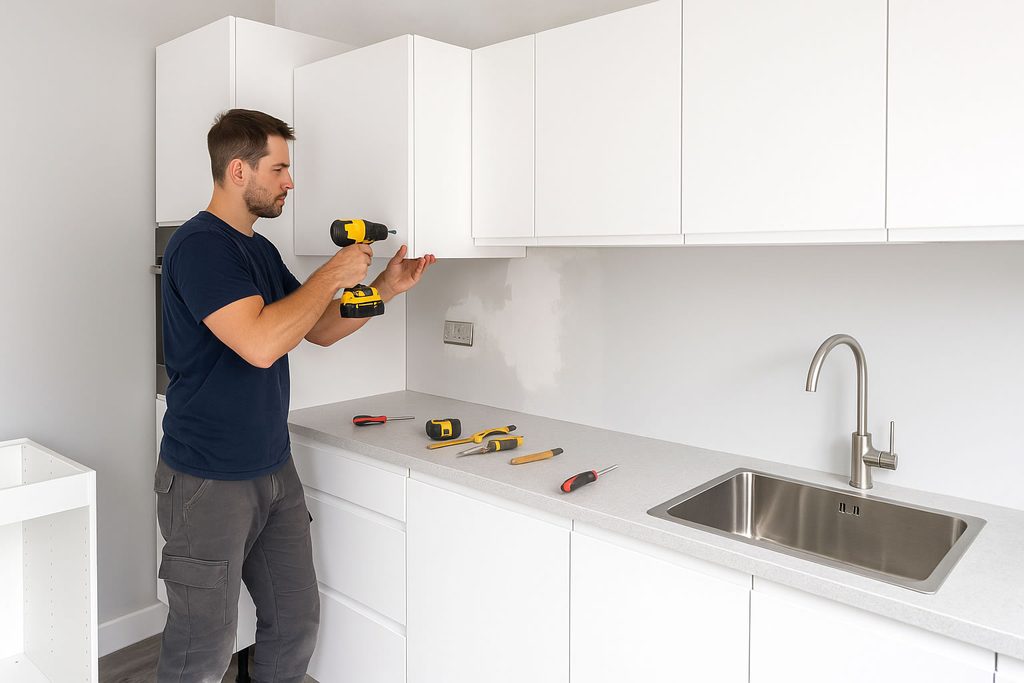 Final hardware adjustment during the installation phase of kitchen cabinet construction