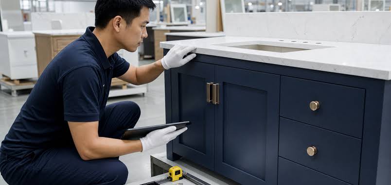 Quality control measurement checkpoint during kitchen cabinet construction fabrication