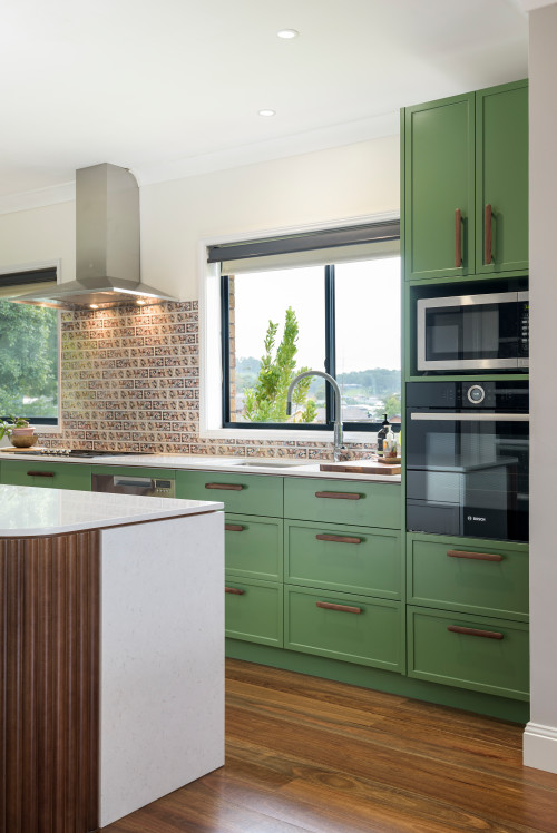 Ornamental stylish kitchen cabinets with eclectic mid-century detail