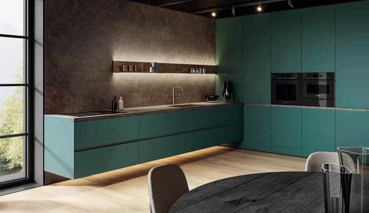 Color-forward stylish kitchen cabinets in an Italian luxury line