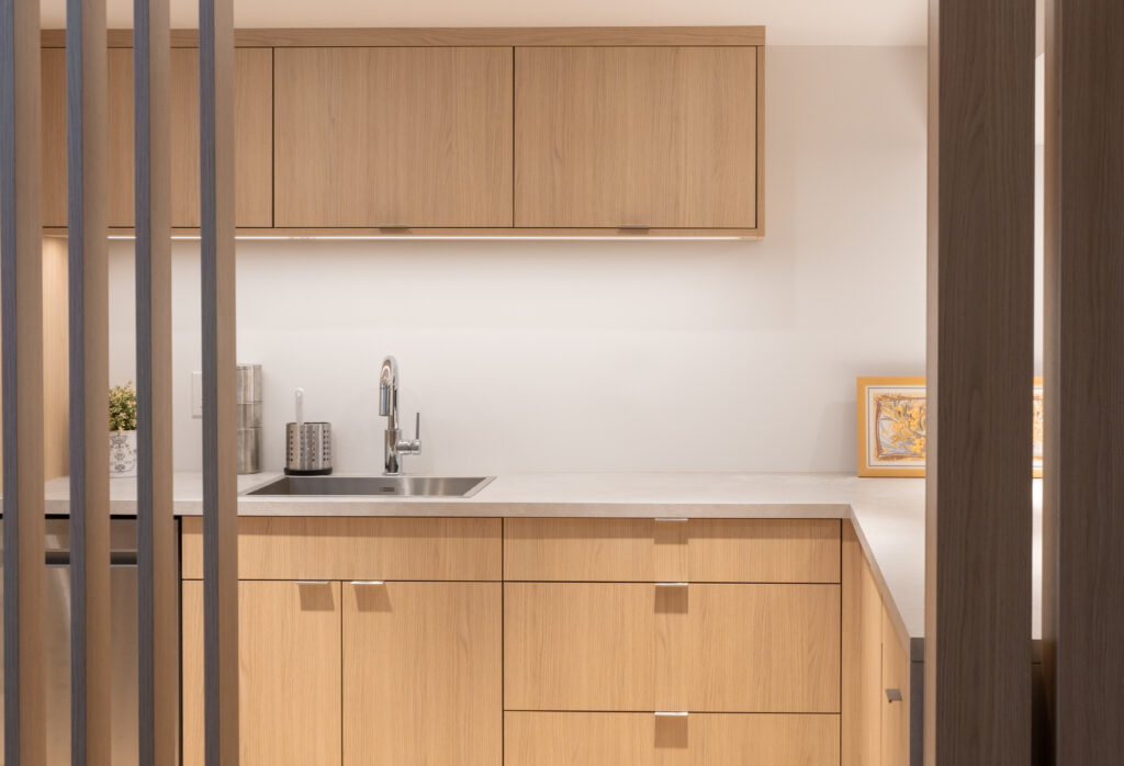 Flat-panel stylish kitchen cabinets in a neutral painted tone