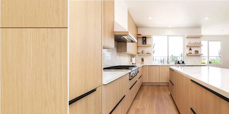 European frameless upscale kitchen cabinets with handleless push-to-open hardware
