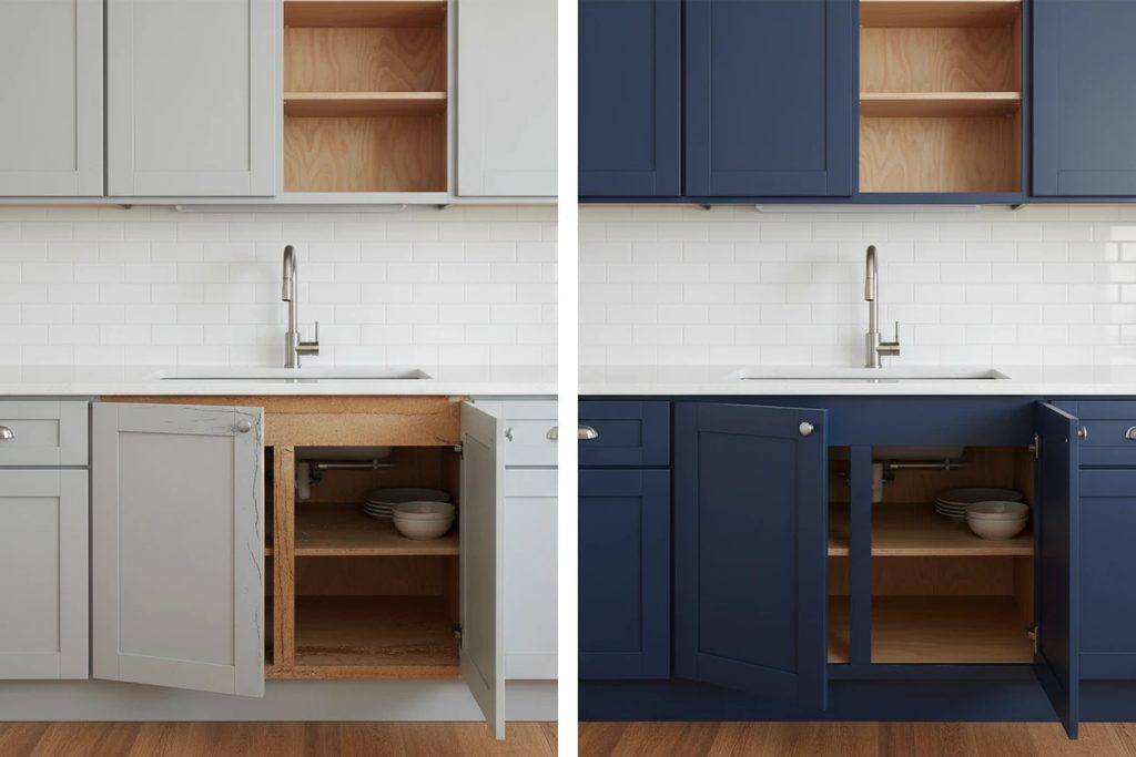 Plywood box construction compared to particleboard, a key factor in upscale kitchen cabinets' durability