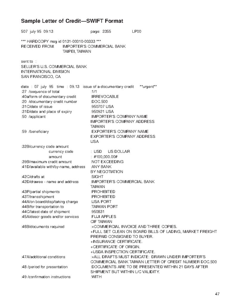 Letter of credit document with bank stamps and signatures