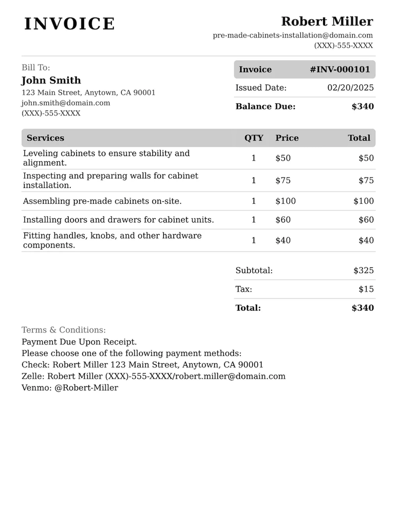 Invoice showing a deposit line item for an international cabinet order