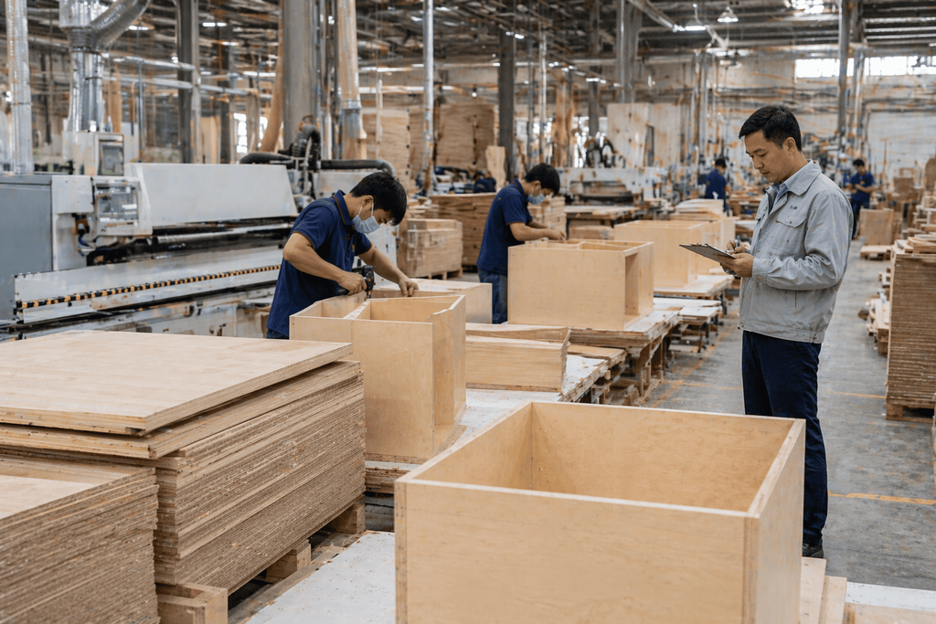 Construction inspection reviewing compliance for CARB 2-compliant cabinets on a project