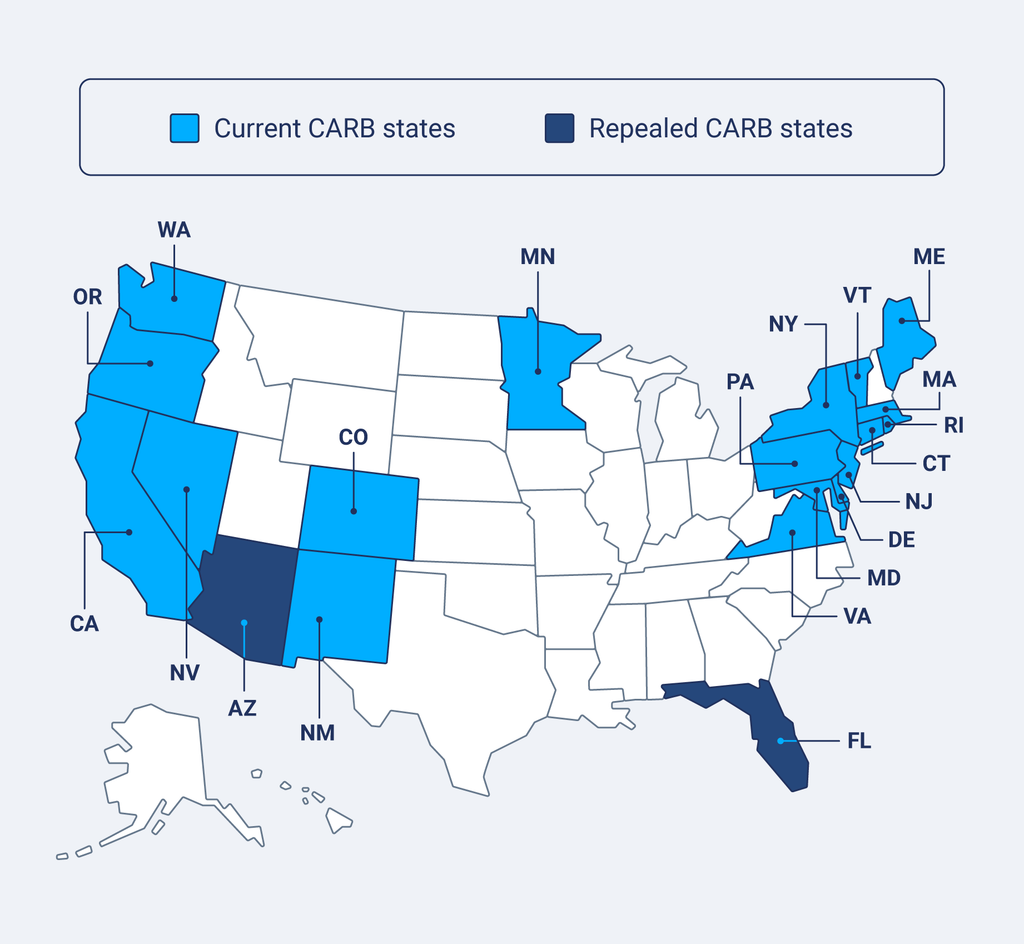 Map illustrating the nationwide federal requirement for CARB 2-compliant cabinets