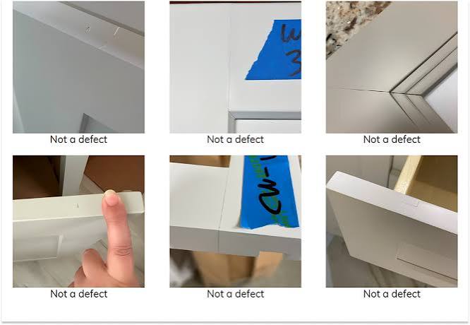 Inspecting cabinet hardware for defects covered under a commercial cabinet warranty
