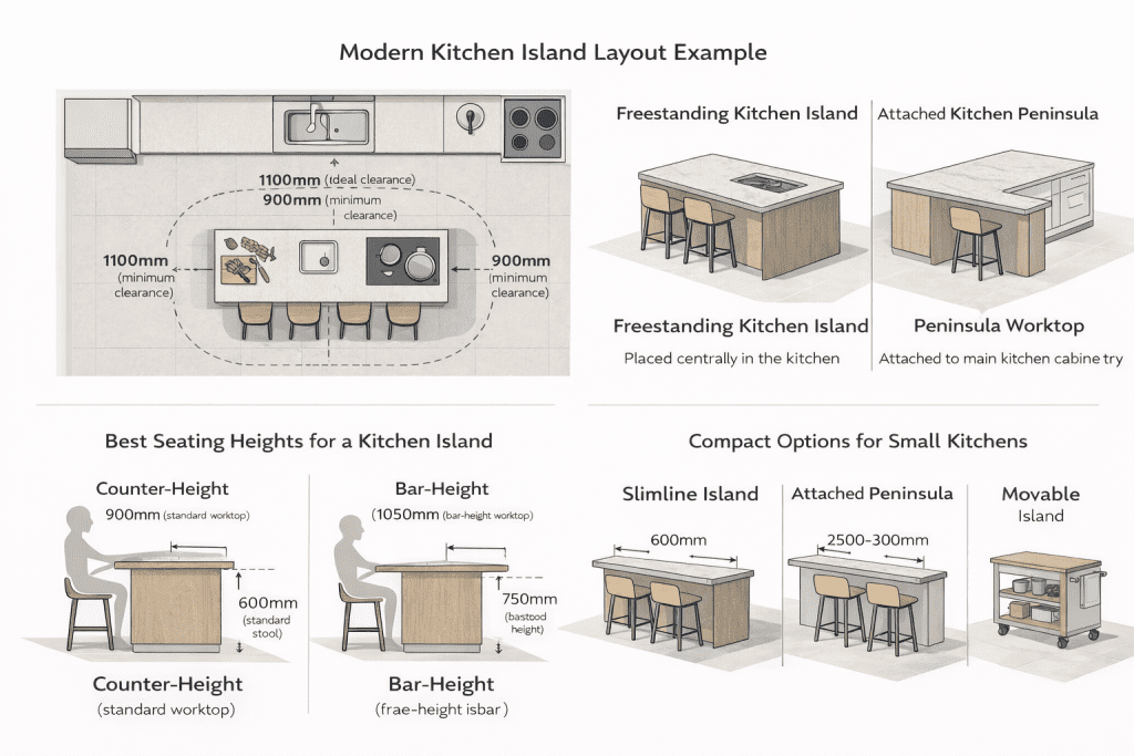 Kitchen island with seating overhang and clearances marked on a drawing