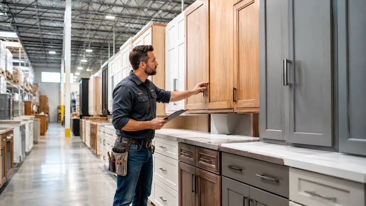 Supplier warehouse with pallets of cabinets ready for contractor accounts