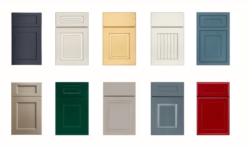 Buyer comparing a cabinet door sample against a color swatch
