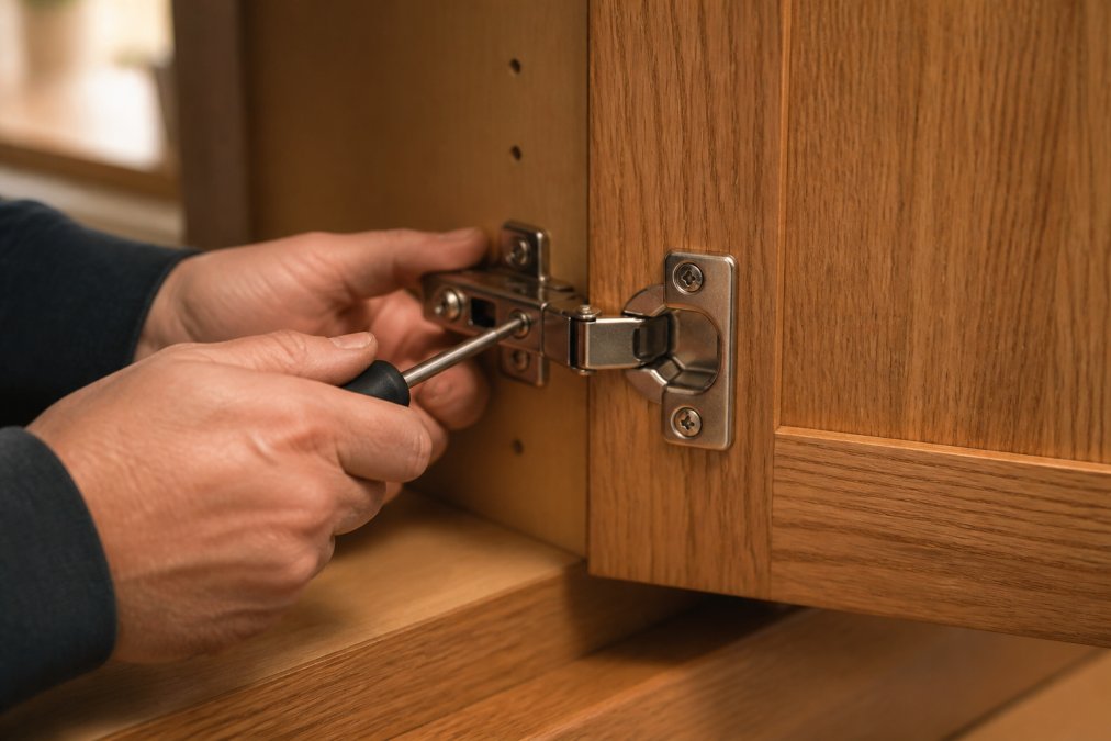 Hand testing a soft-close hinge on a cabinet door