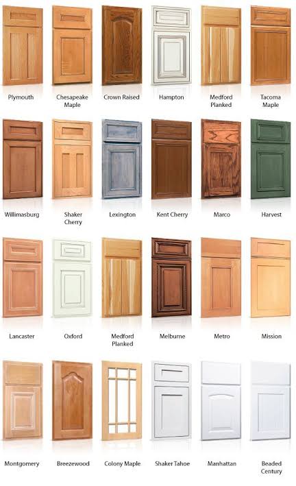 Several cabinet door styles and finishes displayed in a row