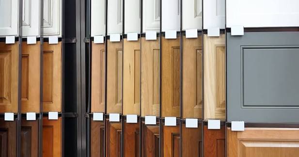 Cabinet material samples including plywood, MDF, and painted finishes