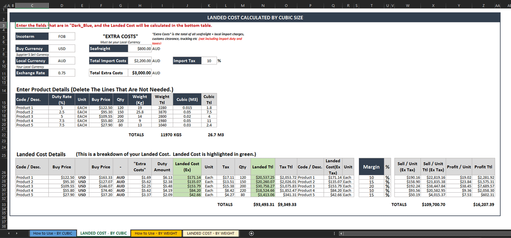 Calculating landed cost using cabinets per container freight estimates